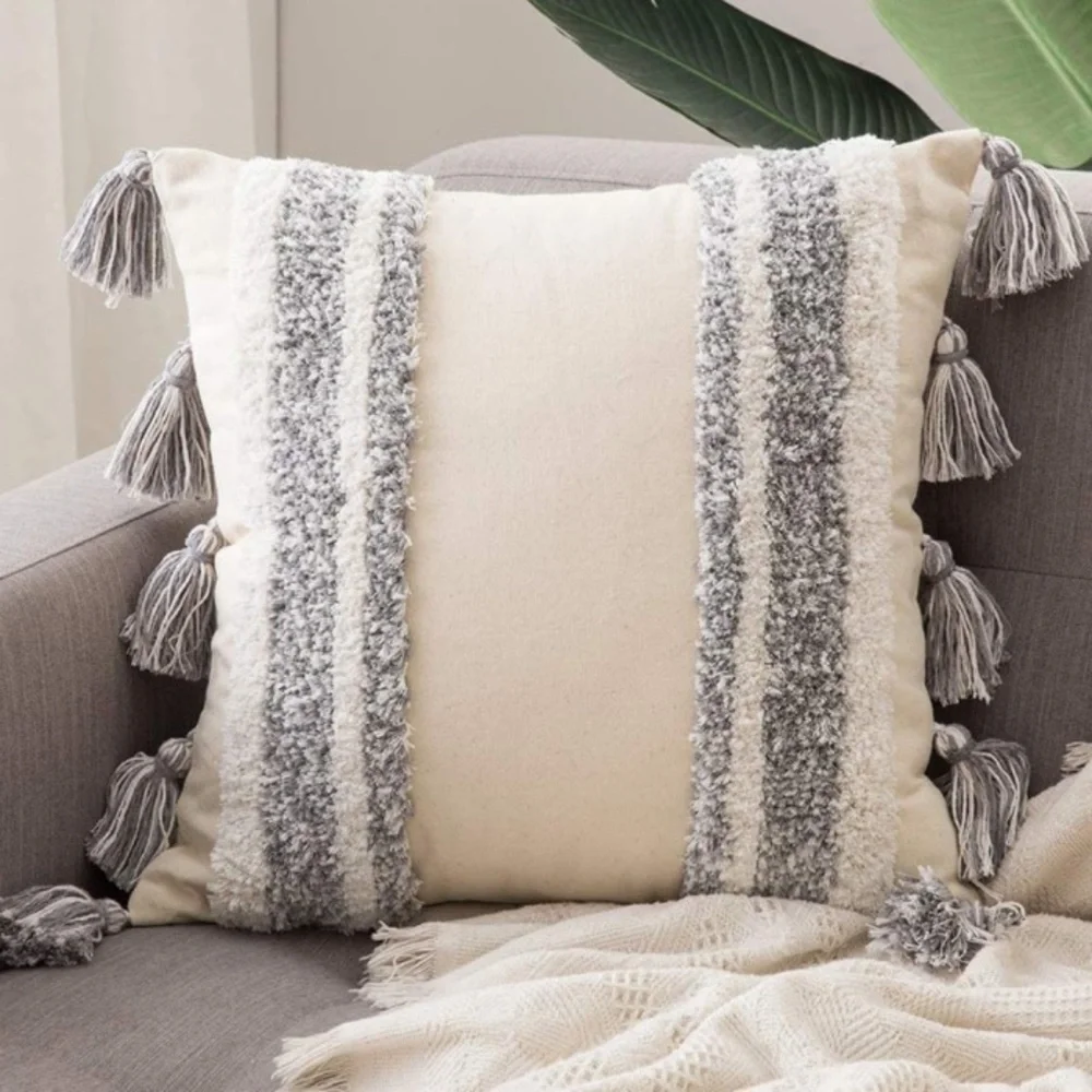 Luxury Home | Oversized Grey Boho Chic Tufted Striped Tassel Trim Pillow Cover